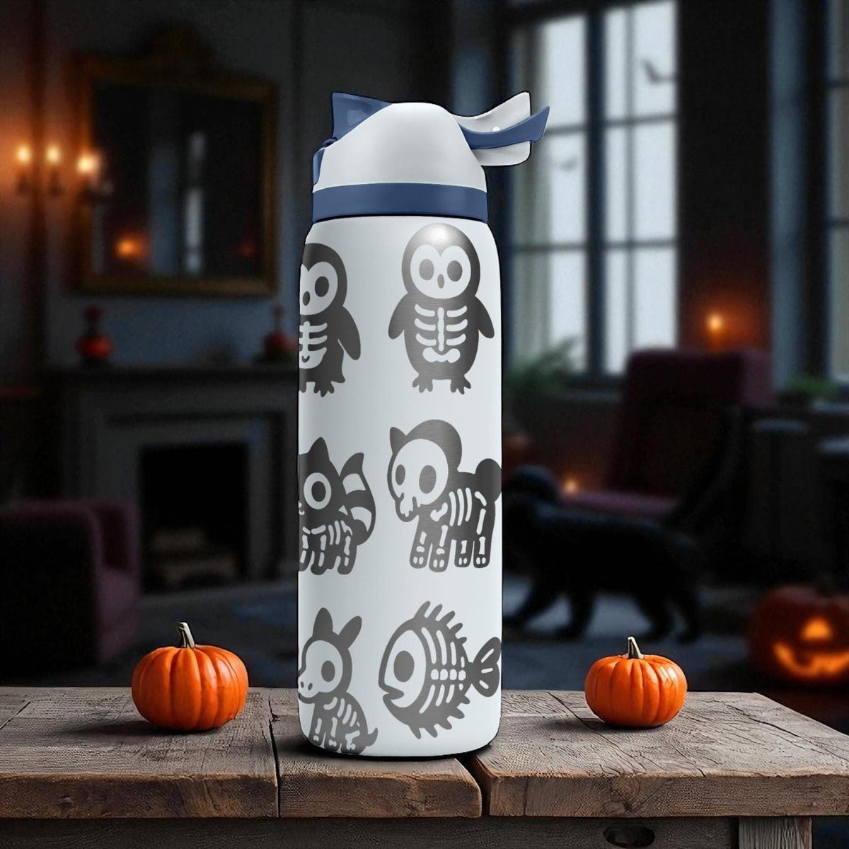 Skeleton Animals Owala Bottle – Engraved Spooky Wrap Design – Stainless Steel Cup 16oz 24oz 32oz 40oz