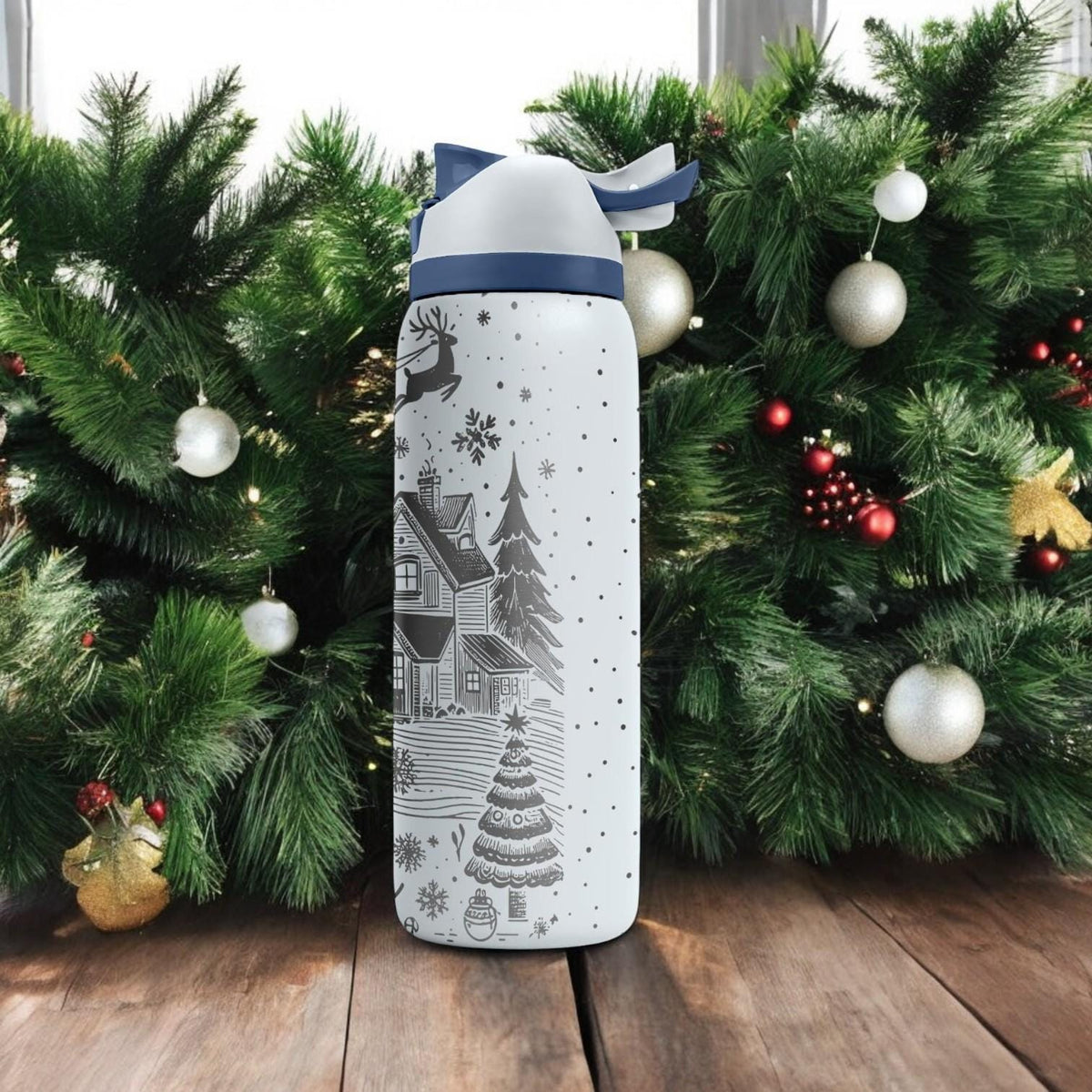 Christmas Bow Engraved Owala Bottle – Elegant Ribbon and Snowflake Holiday Design – Stylish Winter Gift Stainless Cup 16oz 24oz 32oz 40oz