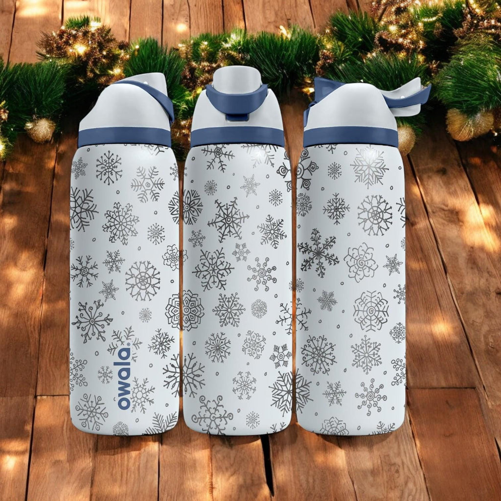 Minimal Snowflakes Engraved Owala Bottle – Winter Pattern Stainless Steel Cup – Elegant Christmas Gift 16oz 24oz 32oz 40oz