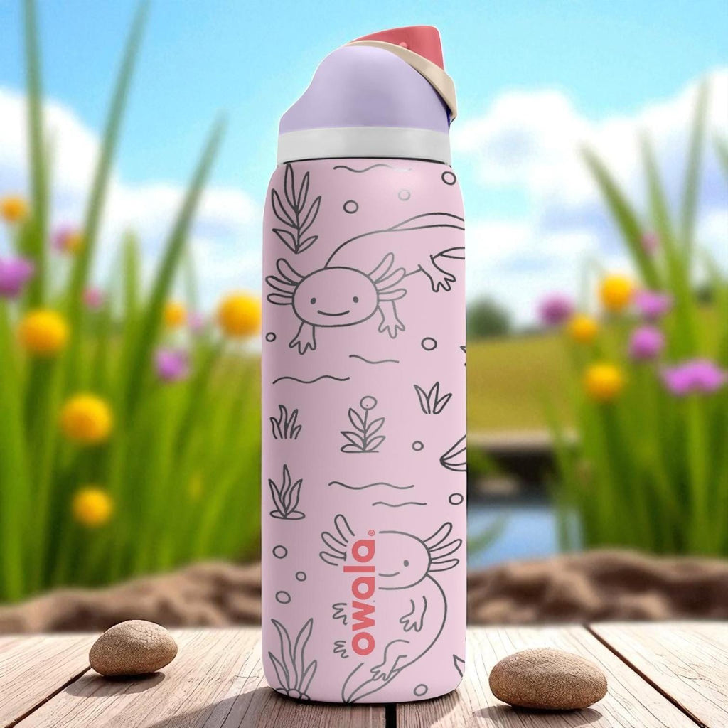 Engraved Axolotl Owala Bottle – Cute Pink Underwater Tumbler with Plants and Bubbles – 16oz 24oz 32oz 40oz
