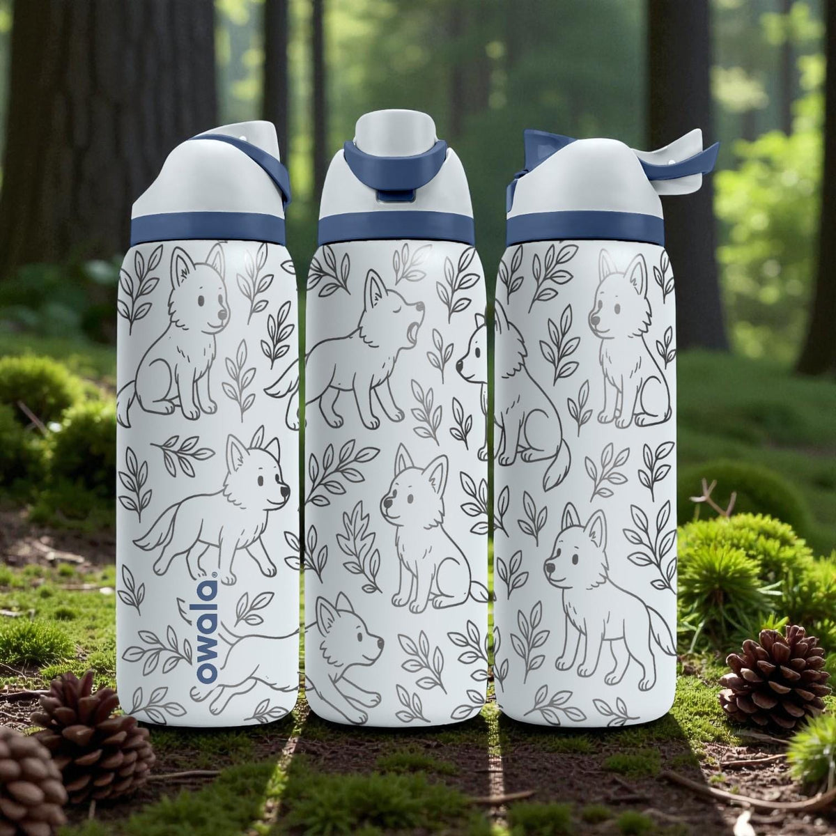 Engraved Baby Wolves Owala Bottle – Cute Woodland Wolf Pup Pattern – Stainless Steel Cup 16oz 24oz 32oz 40oz  ⸻