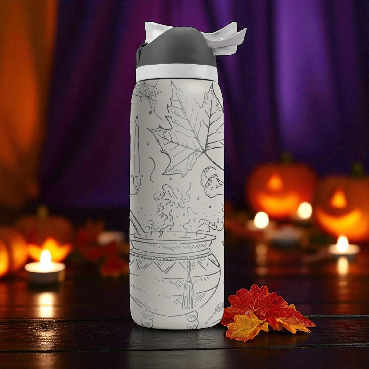 Engraved Halloween Tumbler – Owala Bottle with Spooky Skull and Pumpkin Design – Laser Engraved – 40oz 32oz 24oz 16oz