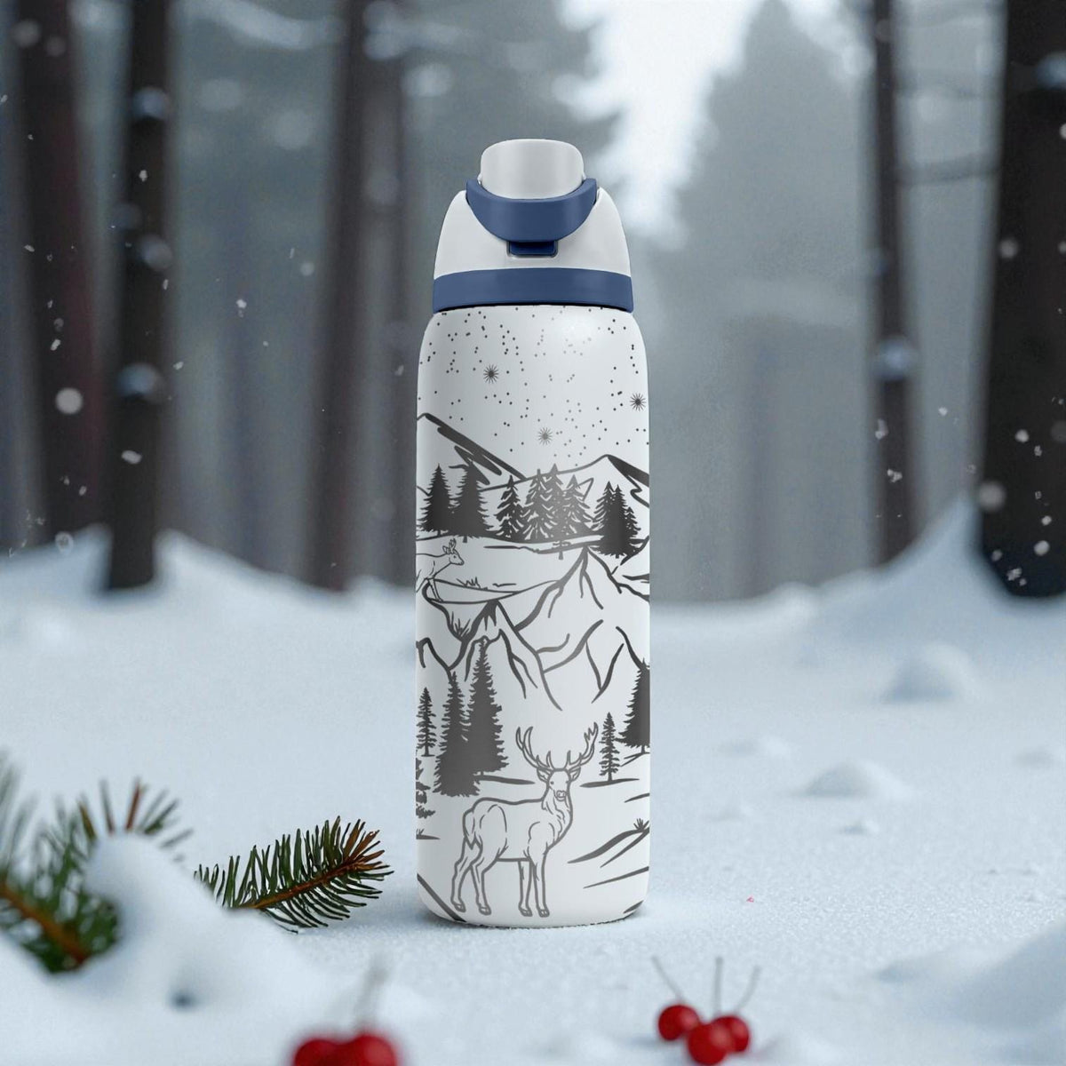 Engraved Winter Mountain Owala Bottle – Deer, Pines & Snowy Landscape Design – Outdoors Nature Engraved Cup 16oz 24oz 32oz 40oz  ⸻