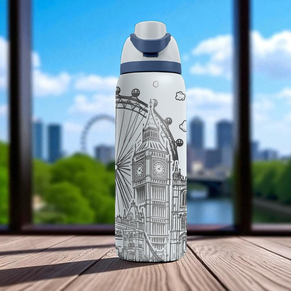 Engraved London Tumbler – Owala Water Bottle with Big Ben and Eye Design – British Landmark Cup – 16oz 24oz 32oz 40oz