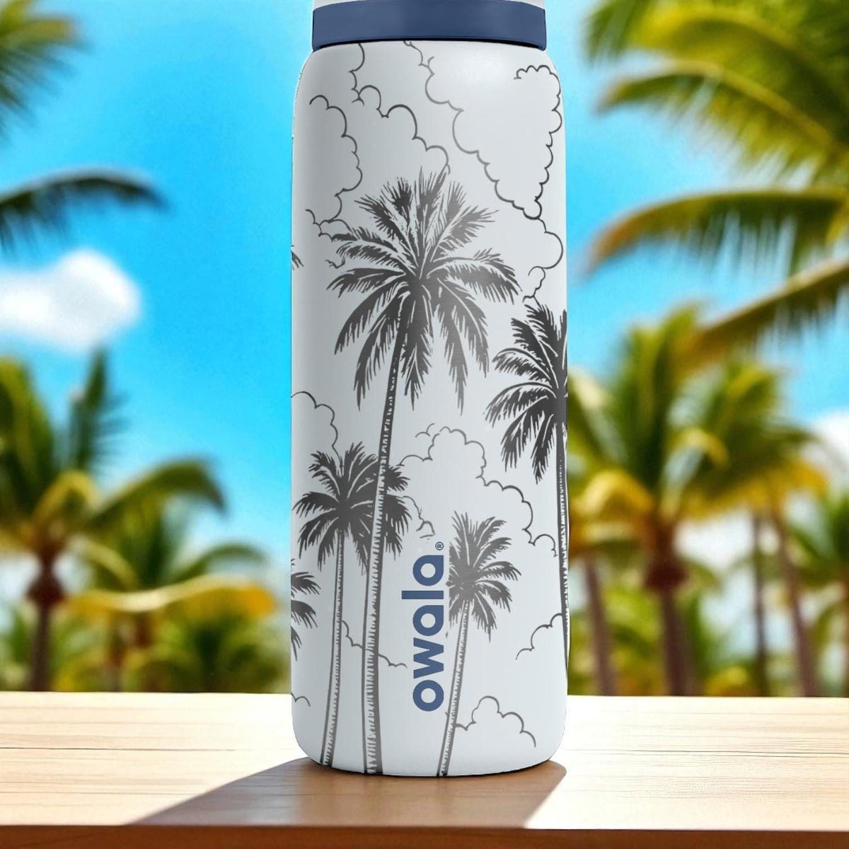 Engraved Palm Tree Tumbler – Owala Water Bottle with Tropical Clouds Design – 16oz 24oz 32oz 40oz