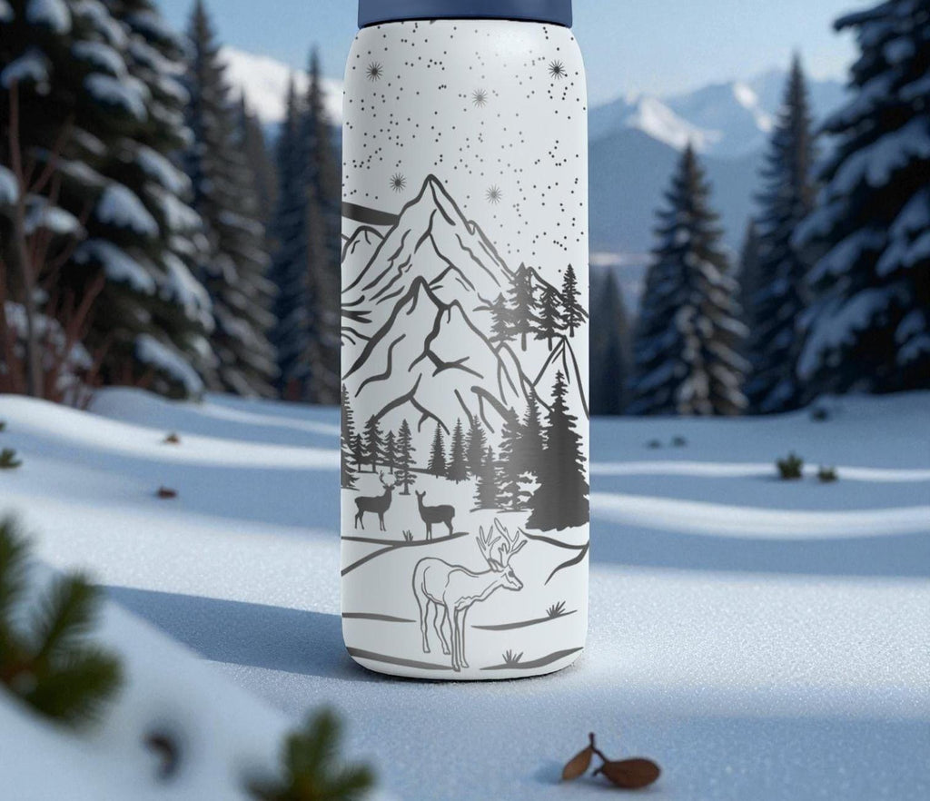 Engraved Winter Mountain Owala Bottle – Deer, Pines & Snowy Landscape Design – Outdoors Nature Engraved Cup 16oz 24oz 32oz 40oz  ⸻