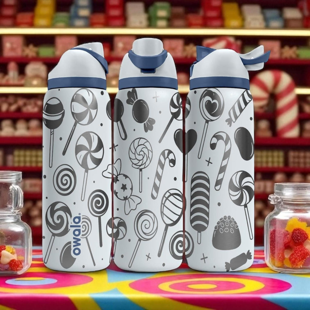 Owala Candy Pattern Tumbler – 16oz 24oz 32oz 40oz – Engraved Sweet Treats Water Bottle – Cute Gift for Candy Lovers and Kids