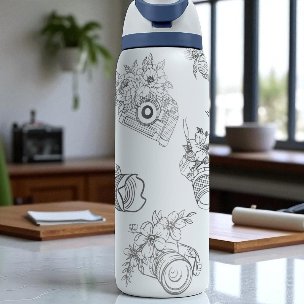 Floral Camera Engraved Owala Tumbler – 16oz 24oz 32oz 40oz FreeSip Cup with Vintage Photography Wrap – Gift for Photographers