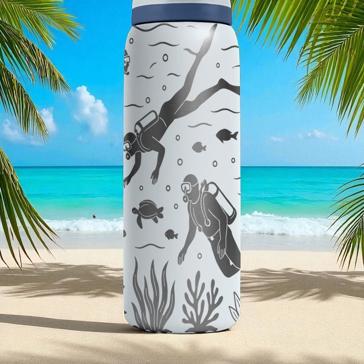 Engraved Scuba Diving Water Bottle – Owala Tumbler with Divers, Sharks, and Turtles – 16oz 24oz 32oz 40oz Gift for Ocean Lovers