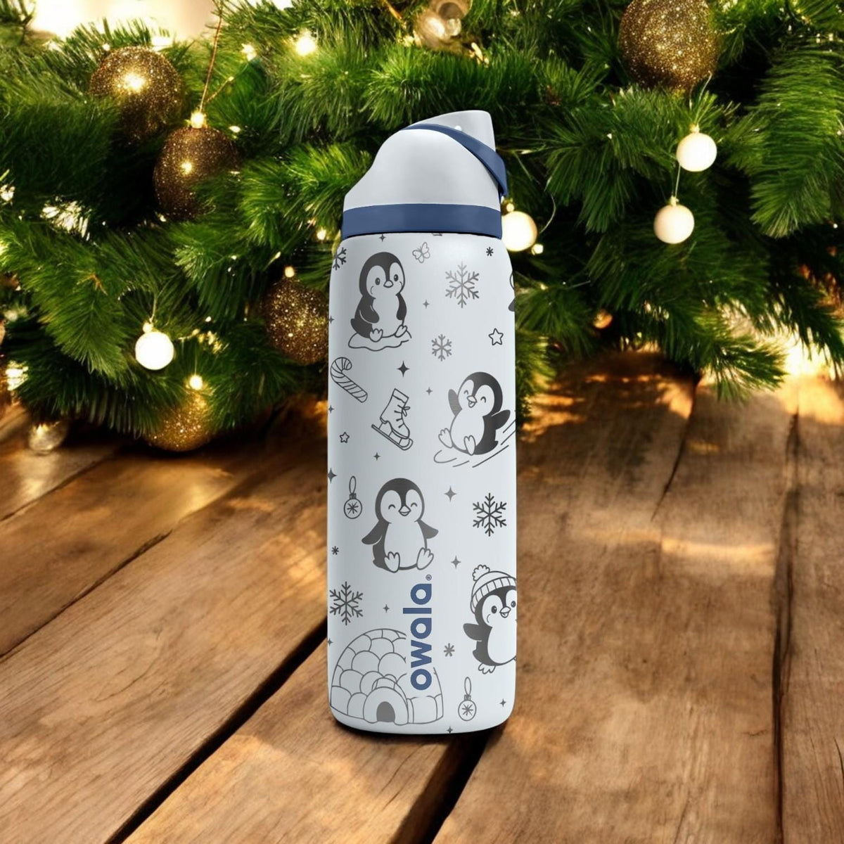 Cute Penguins Engraved Owala Bottle – Winter Wonderland Ice Skating Design – Christmas Gift Stainless Cup 16oz 24oz 32oz 40oz