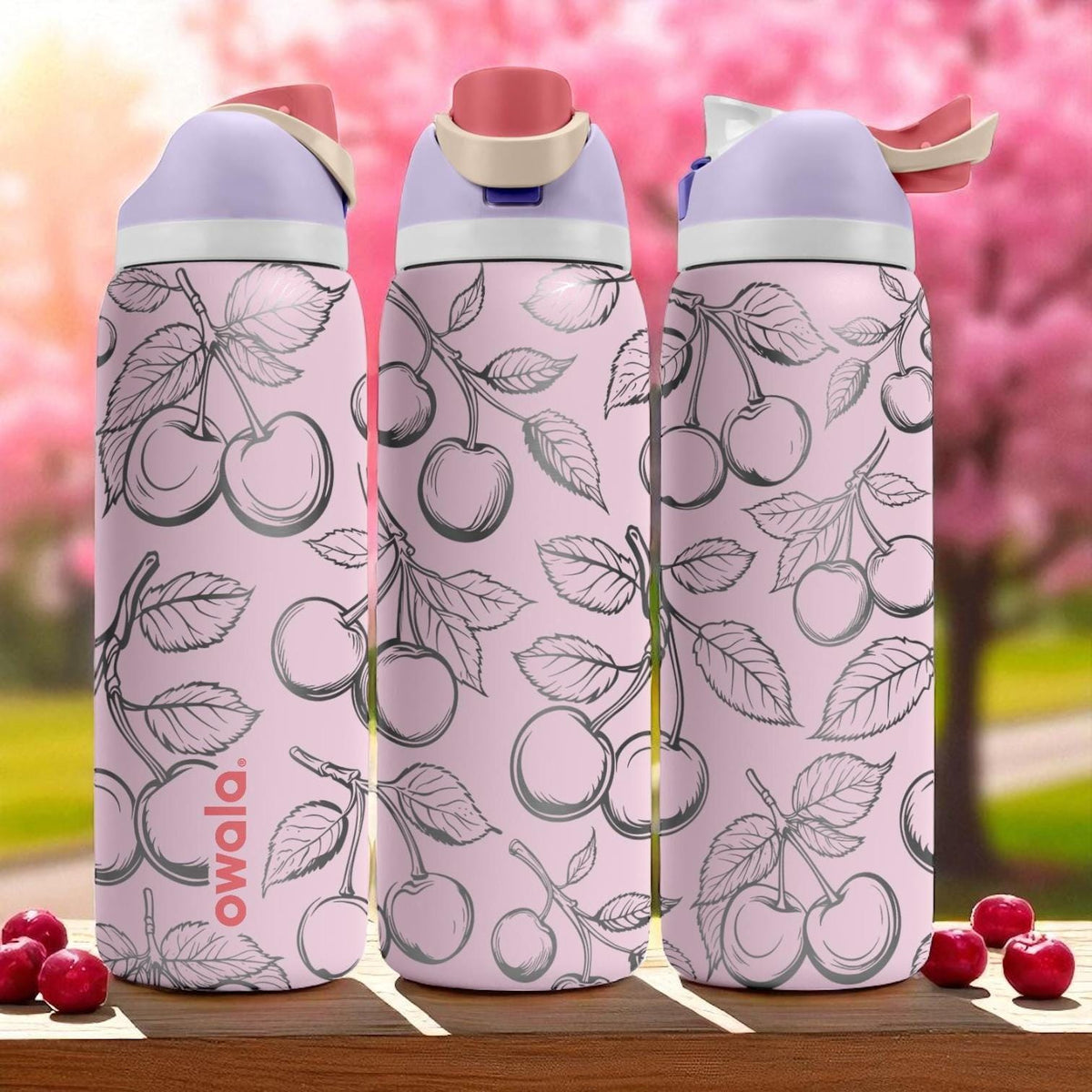 Engraved Cherry Tumbler – Owala Water Bottle with Cherry Design – Cute Pink Laser Engraved Cup – 40oz 32oz 24oz