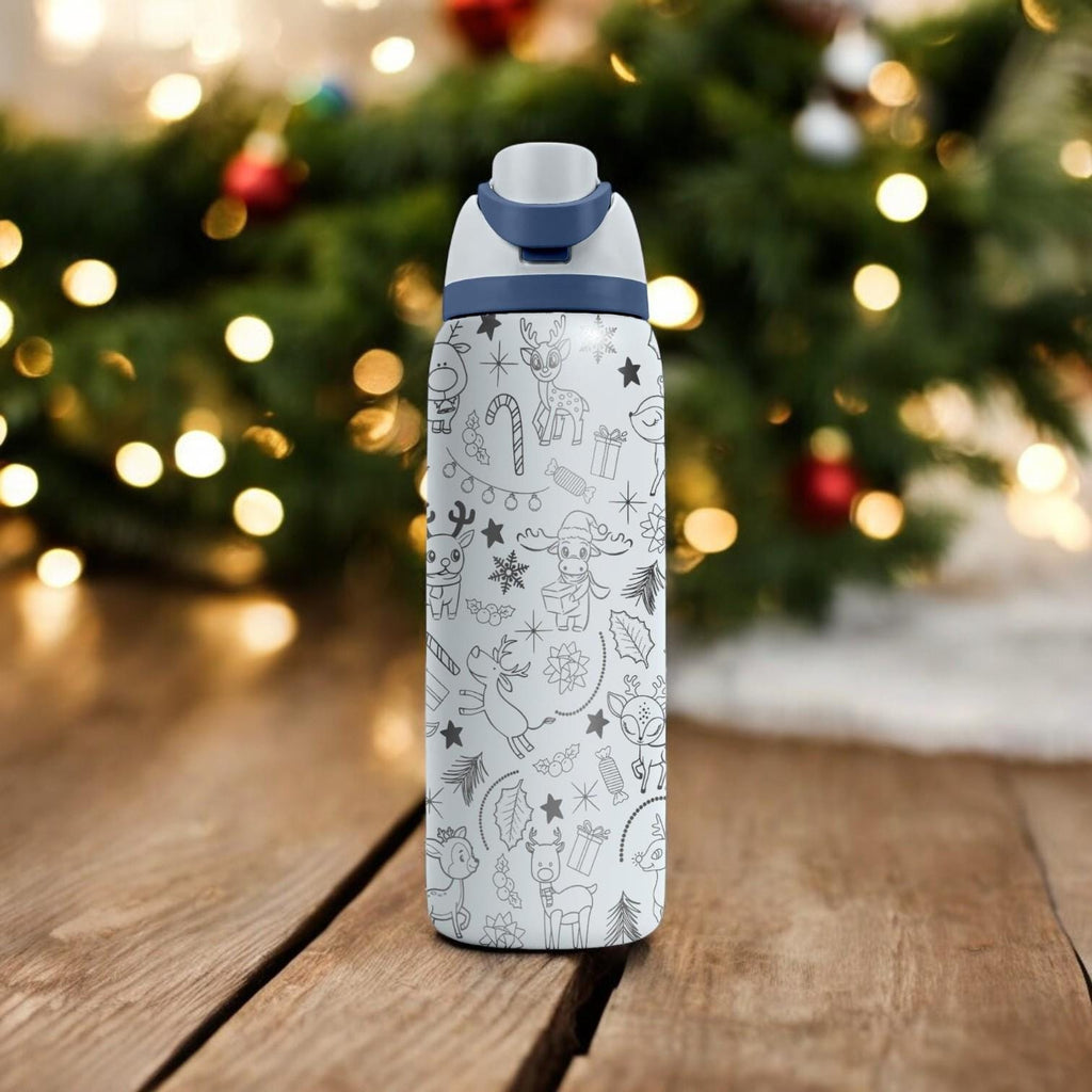 Cute Reindeer Engraved Owala Bottle – Adorable Holiday Pattern with Candy Canes and Gifts – Christmas Gift Stainless Cup 16oz 24oz 32oz 40oz
