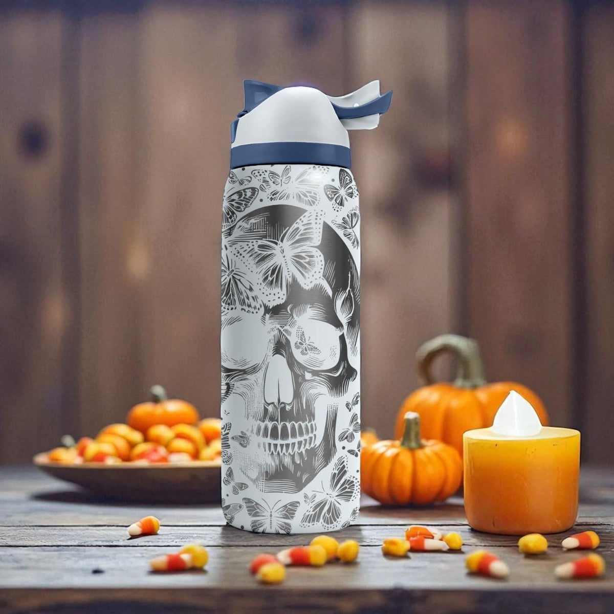 Butterfly Skull Engraved Owala Bottle – Gothic Floral Design – Stainless Steel Cup 16oz 24oz 32oz 40oz