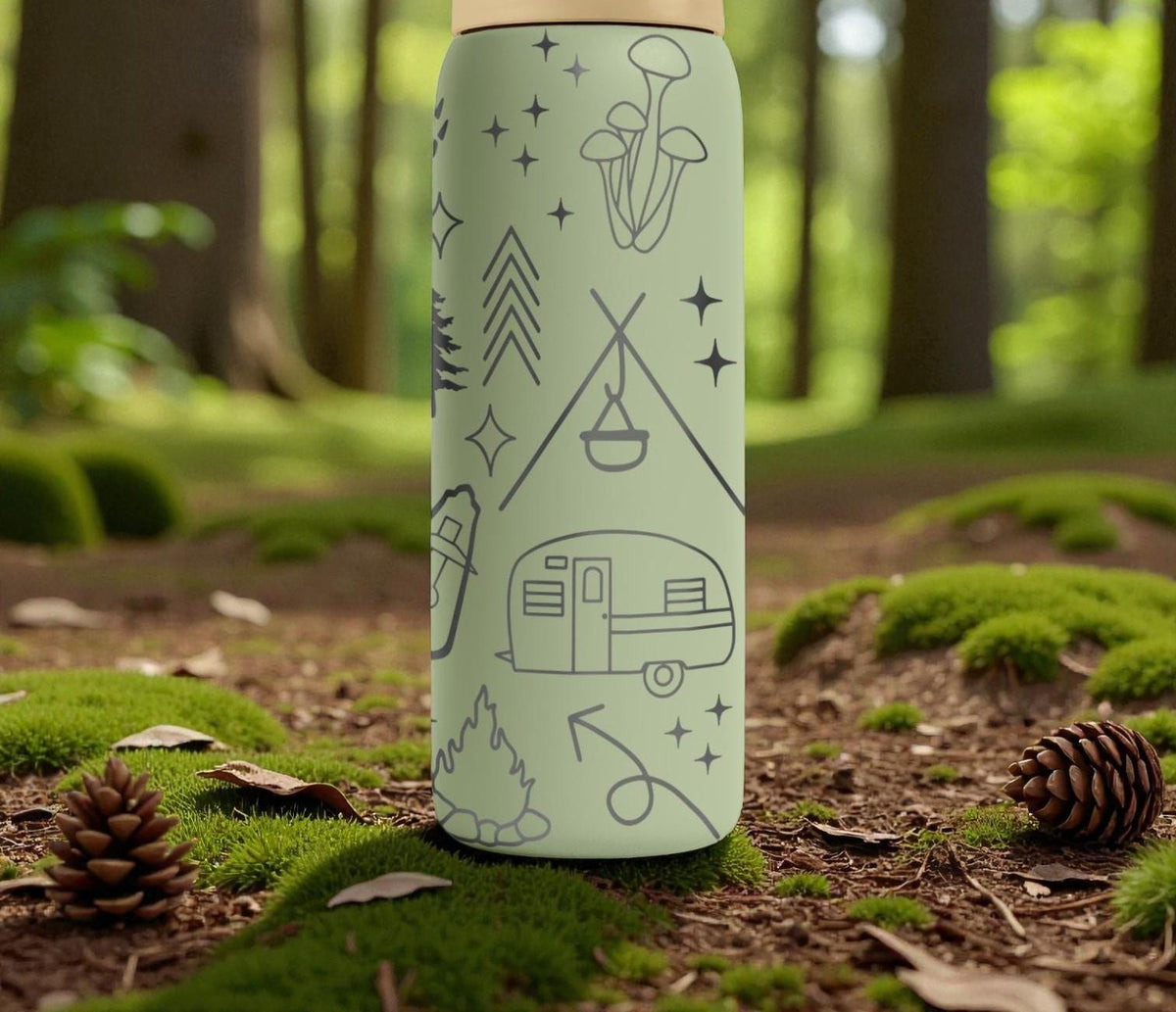 Camping Trailer Engraved Owala Bottle – Forest Trees, Backpack & Adventure Icons – Outdoor Camper Gift Stainless Cup 16oz 24oz 32oz 40oz  ⸻