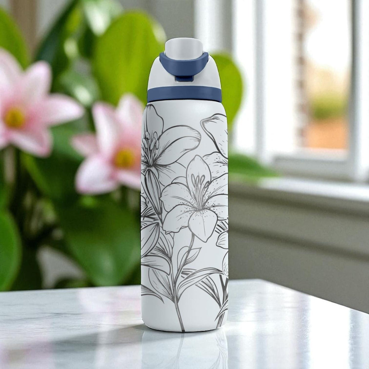 Engraved Lily Tumbler – Elegant Floral Owala Bottle – White Water Bottle with Laser Flower Design – 16oz 24oz 32oz 40oz