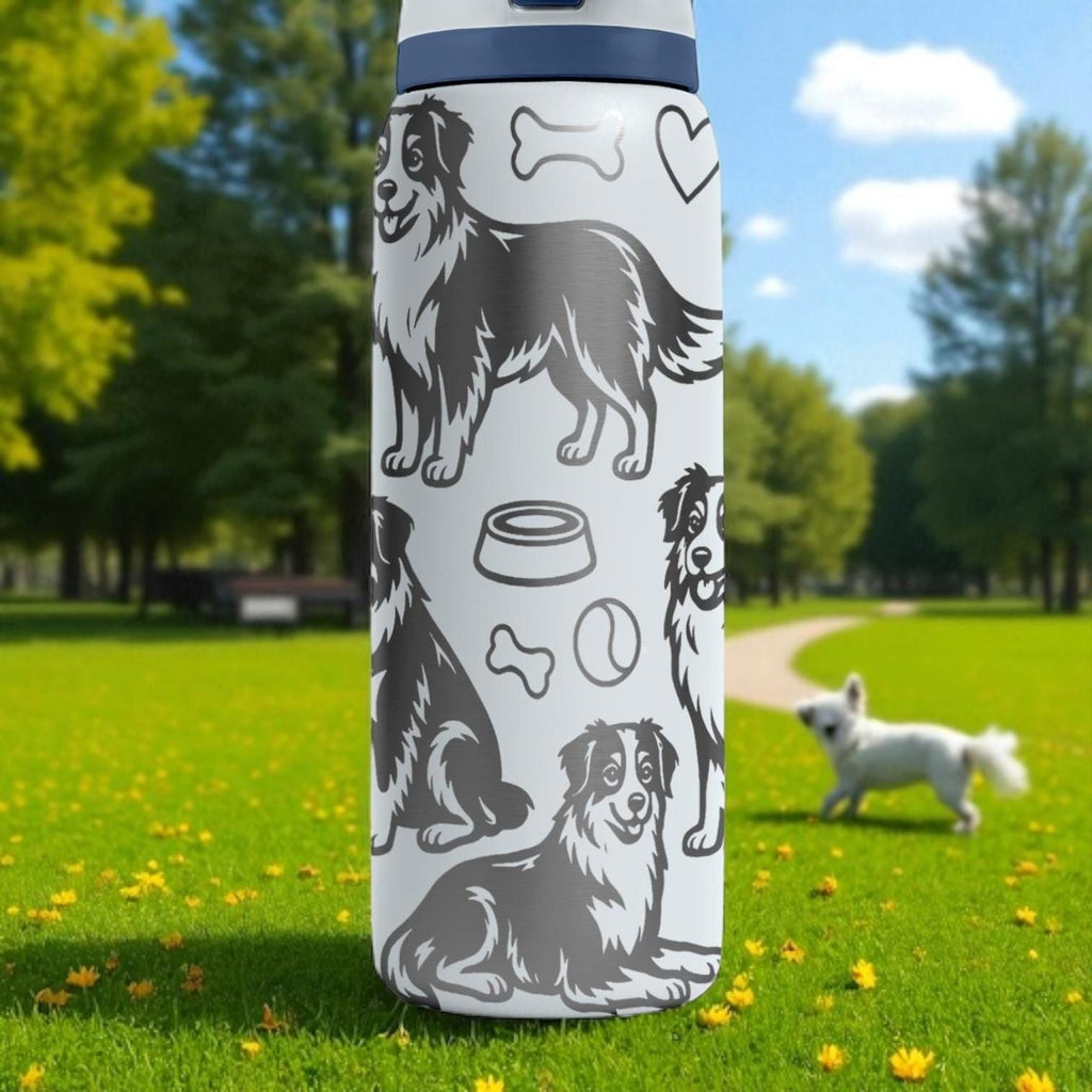 Engraved Australian Shepherd Bottle – Cute Owala Tumbler with Dog, Paws, and Toys – 16oz 24oz 32oz 40oz Gift for Dog Lovers
