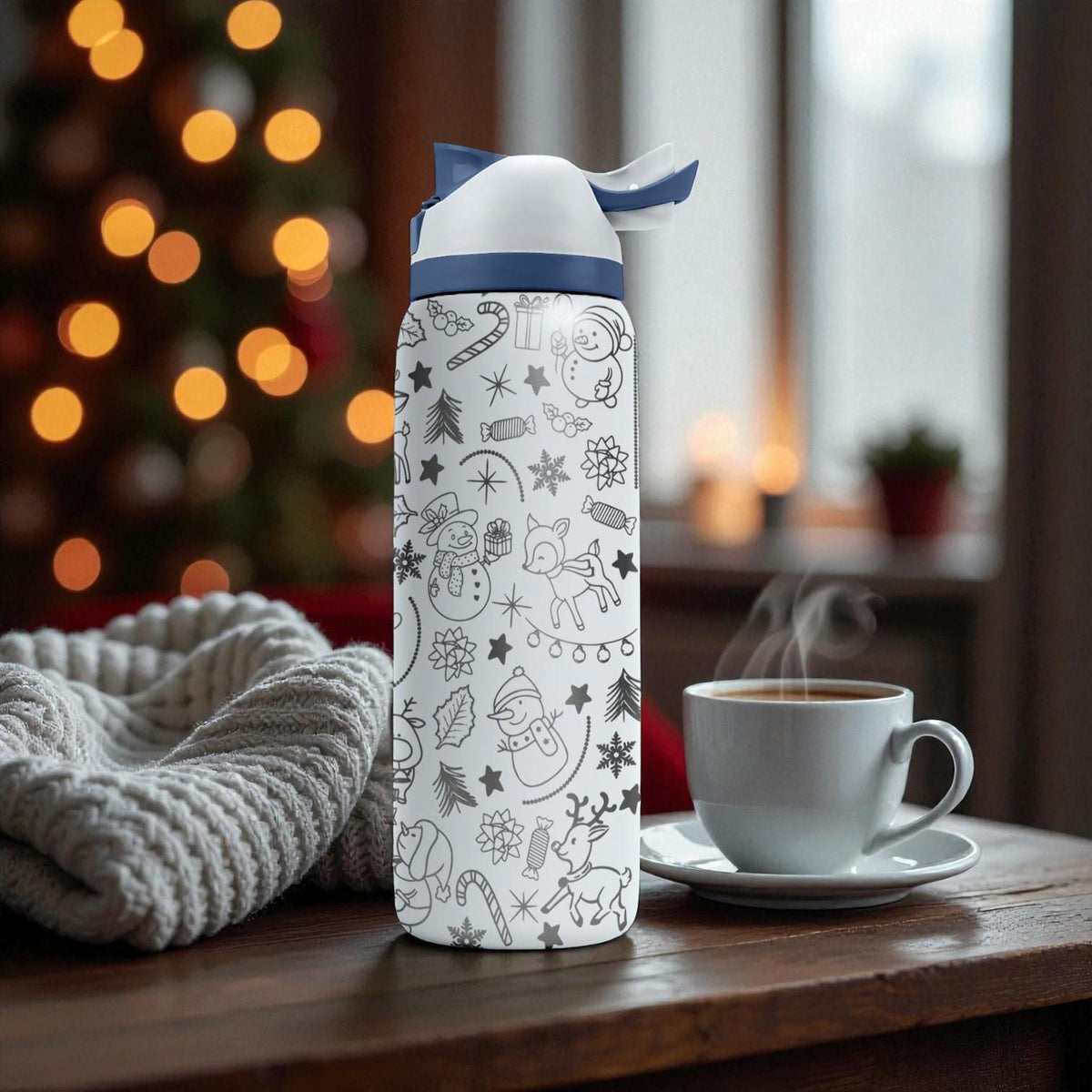 Engraved Christmas Owala Bottle – Cute Holiday Doodle Pattern with Snowmen, Reindeer & Gifts – Festive Stainless Cup 16oz 24oz 32oz 40oz  ⸻