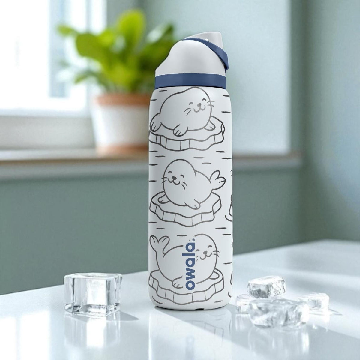 Cute Seal Owala Tumbler – 16oz 24oz 32oz 40oz Engraved Water Bottle with Icy Arctic Seals on Icebergs – Winter Animal Gift