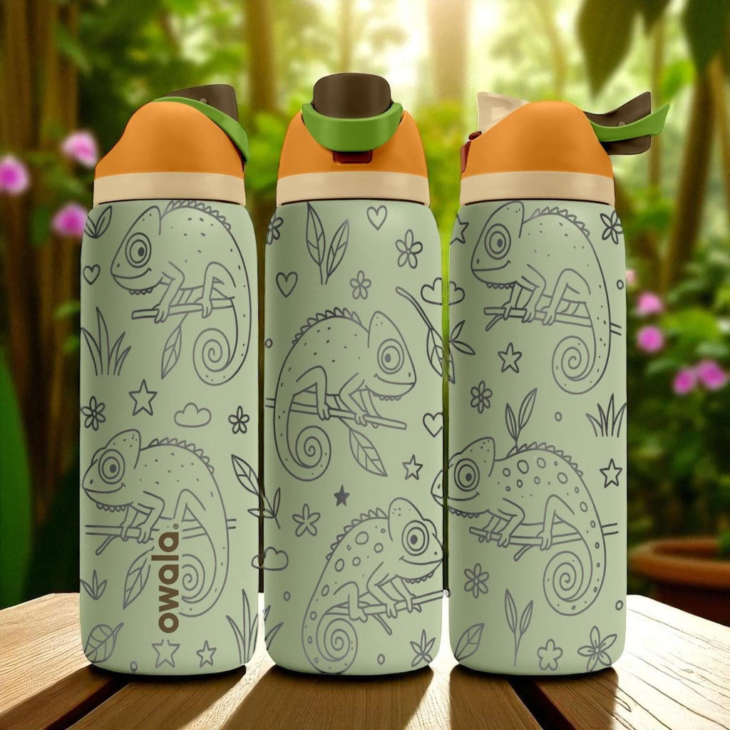 Engraved Chameleon Water Bottle – Owala Tumbler with Jungle Reptile Design – 16oz 24oz 32oz 40oz Gift for Nature and Lizard Lovers