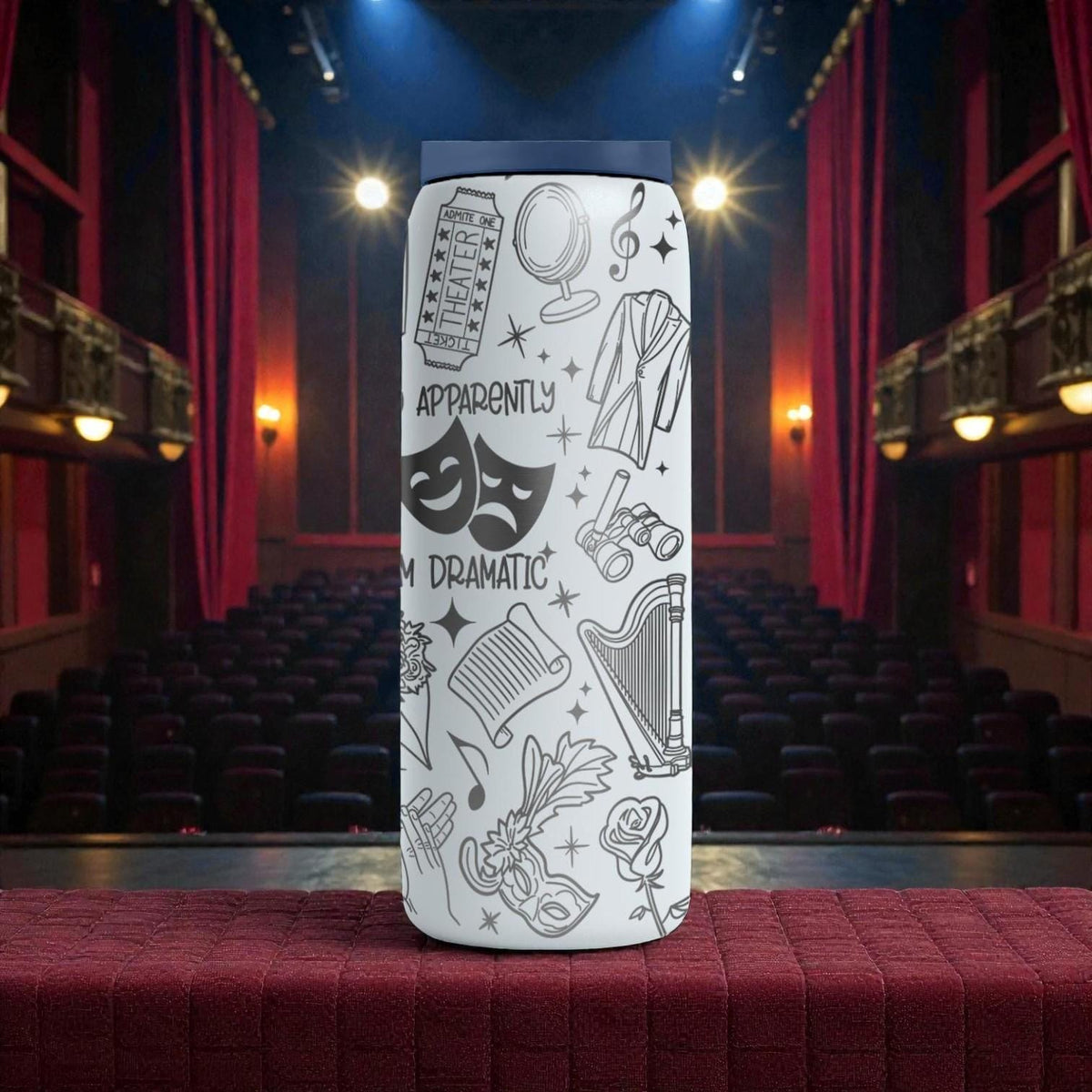 Theatre Engraved Owala Bottle – Drama Masks, Stage Props & Musical Icons – Performer Gift Stainless Cup 16oz 24oz 32oz 40oz  ⸻