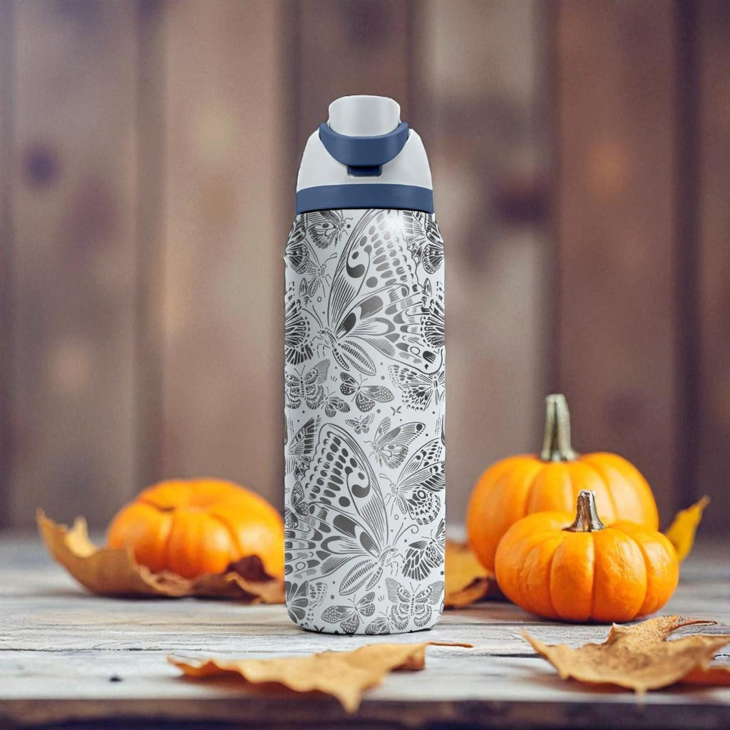Butterfly Skull Engraved Owala Bottle – Gothic Floral Design – Stainless Steel Cup 16oz 24oz 32oz 40oz