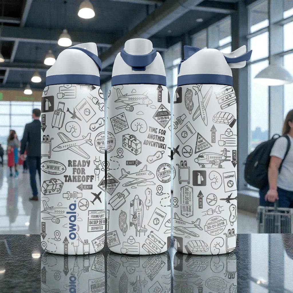 Travel Engraved Owala Bottle – Airplane & Adventure Pattern – Traveler Gift Stainless Cup 16oz 24oz 32oz 40oz  ⸻
