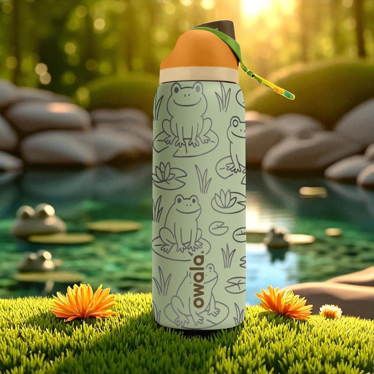 Engraved Frog Owala Tumbler – Cute Frogs on Lily Pads Water Bottle – Nature Lover Gift – 16oz 24oz 32oz 40oz