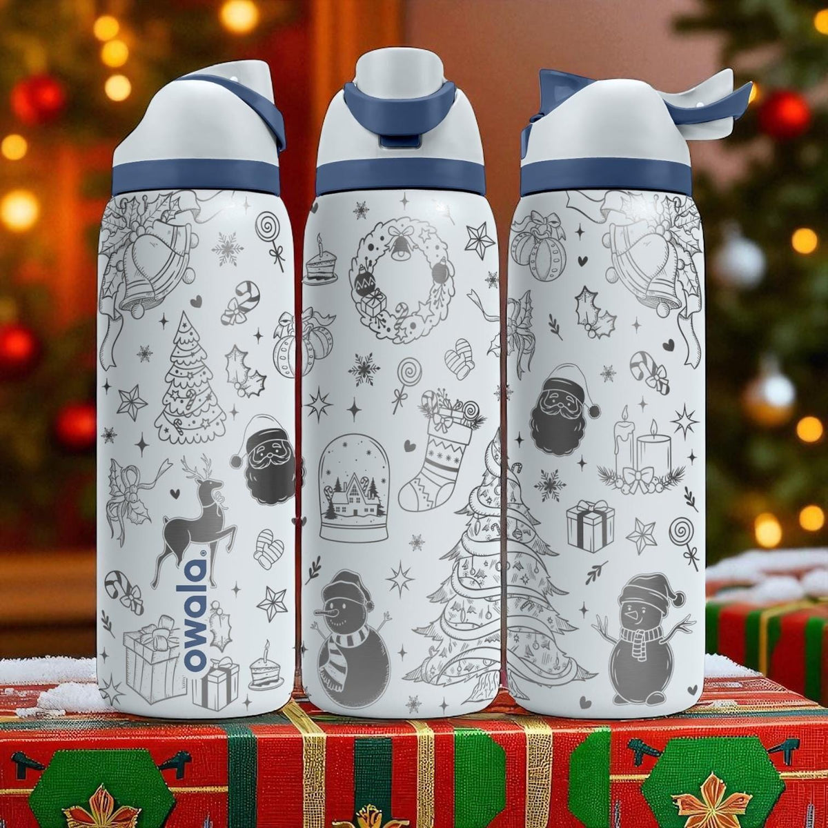 Christmas Owala Engraved Tumbler – Holiday Laser Gift – Santa, Tree, Gifts, Snowman Design – 40oz 32oz 24oz Bottle