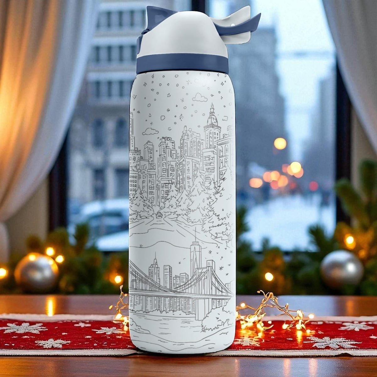 NYC Christmas Engraved Owala Tumbler – 16oz 24oz 32oz 40oz Holiday FreeSip Cup – Statue of Liberty Winter Gift