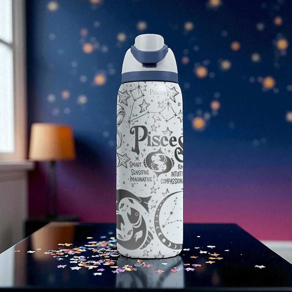 Pisces Zodiac Engraved Owala Bottle – 16oz 24oz 32oz 40oz Astrology Gift – Fish Star Sign Water Bottle for Her or Him