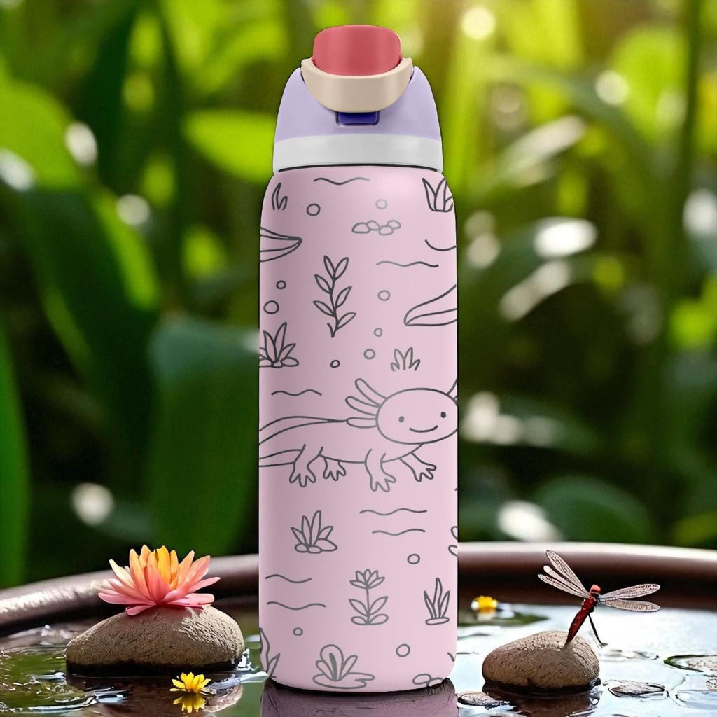 Engraved Axolotl Owala Bottle – Cute Pink Underwater Tumbler with Plants and Bubbles – 16oz 24oz 32oz 40oz