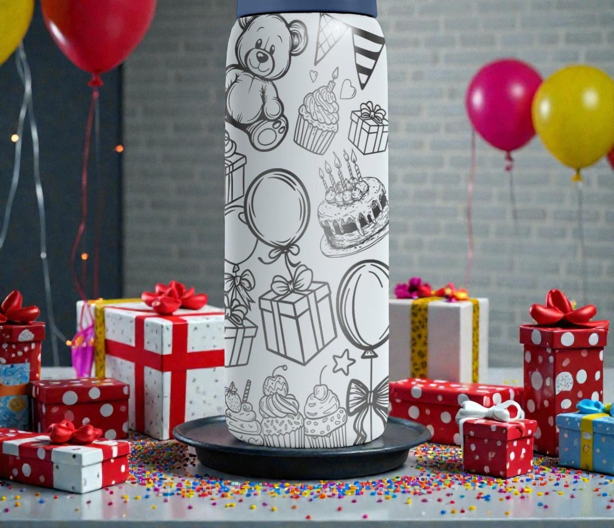 Birthday Engraved Owala Bottle – Teddy Bear, Cupcake and Party Pattern – Celebration Gift Stainless Steel Cup 16oz 24oz 32oz 40oz  ⸻