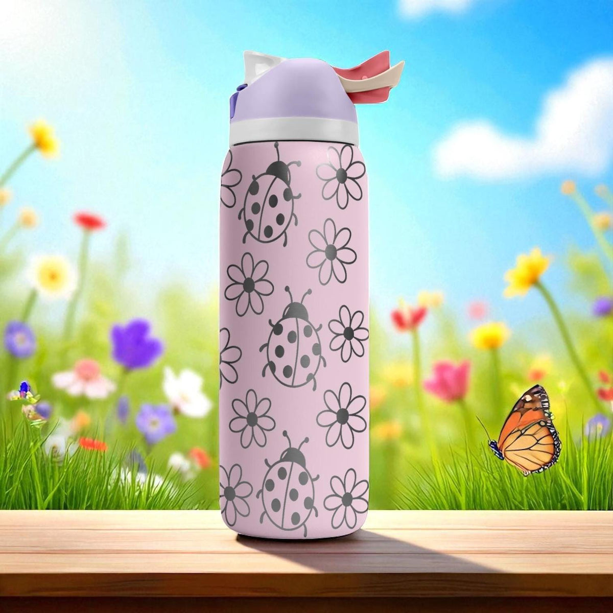 Engraved Ladybug Tumbler – Pink Owala Water Bottle with Flowers and Ladybugs – Cute Summer Cup – 16oz 24oz 32oz 40oz