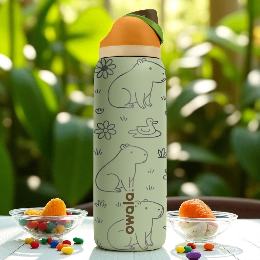 Engraved Capybara Water Bottle – Cute Owala Tumbler with Flowers and Ducks – 16oz 24oz 32oz 40oz Gift for Animal Lovers