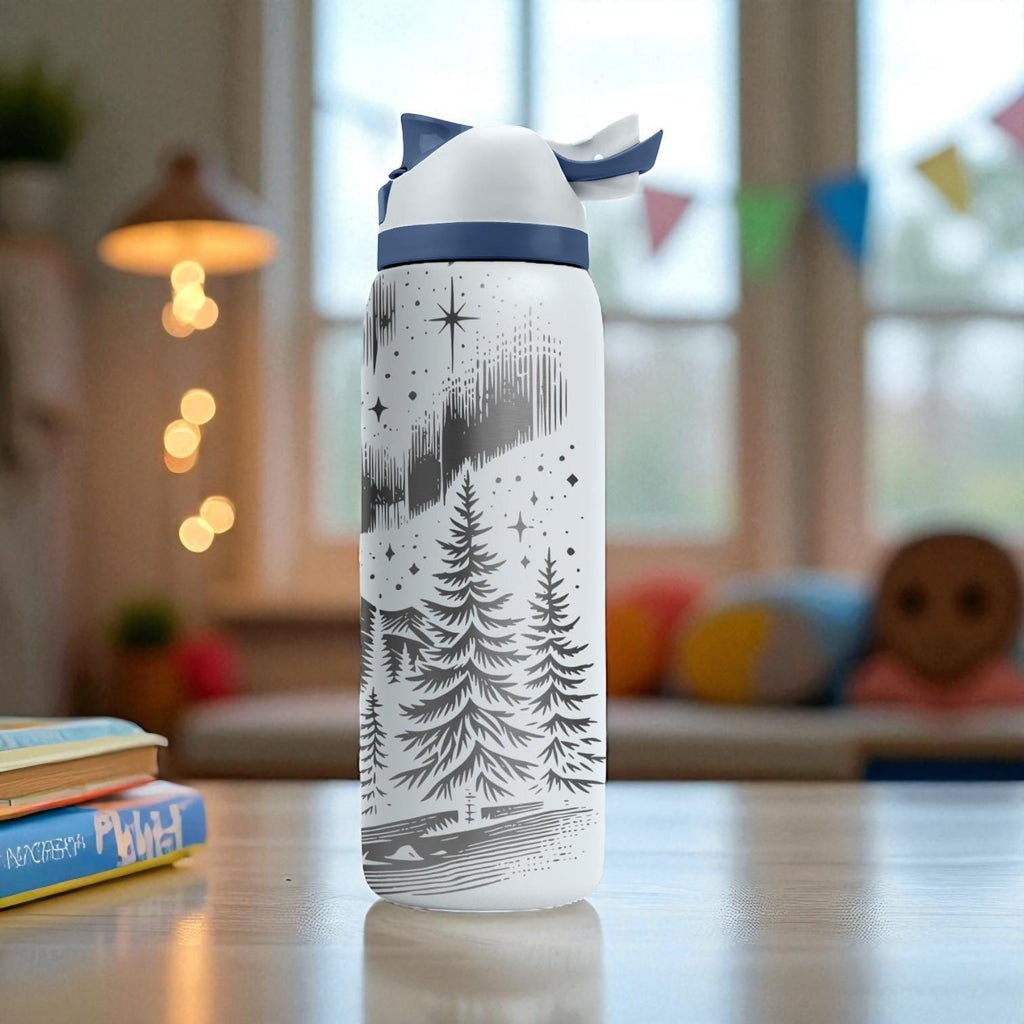 Northern Lights Owala Bottle – Engraved Mountain and Stars Wrap – Stainless Steel Cup 16oz 24oz 32oz 40oz