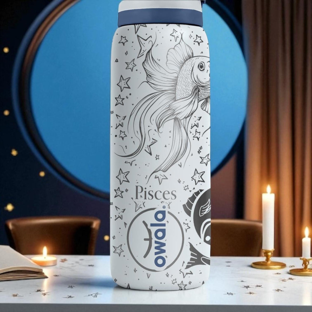Pisces Zodiac Engraved Owala Bottle – 16oz 24oz 32oz 40oz Astrology Gift – Fish Star Sign Water Bottle for Her or Him