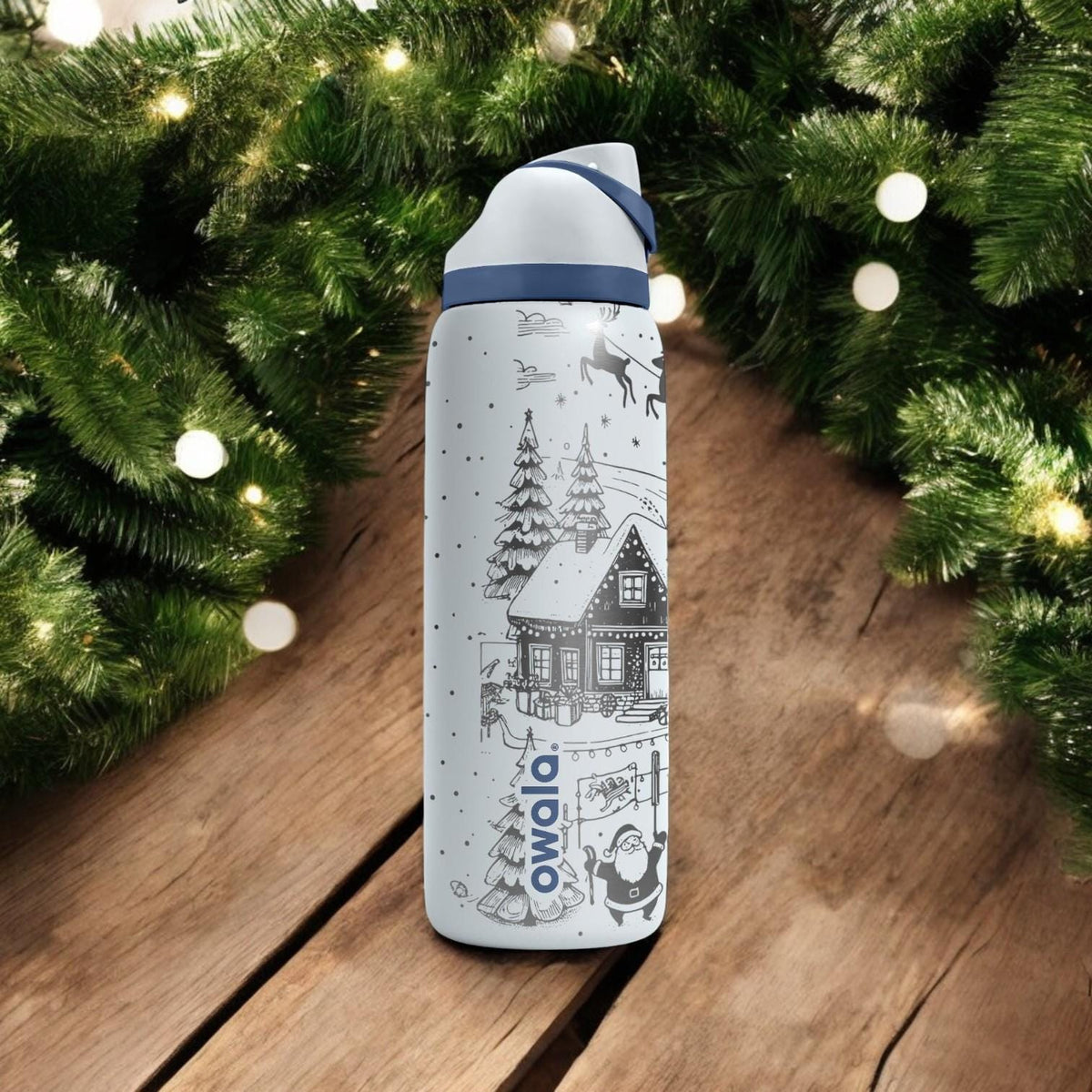 Christmas Village Engraved Owala Bottle – Santa Sleigh and Cabin Winter Design – Holiday Gift Stainless Cup 16oz 24oz 32oz 40oz