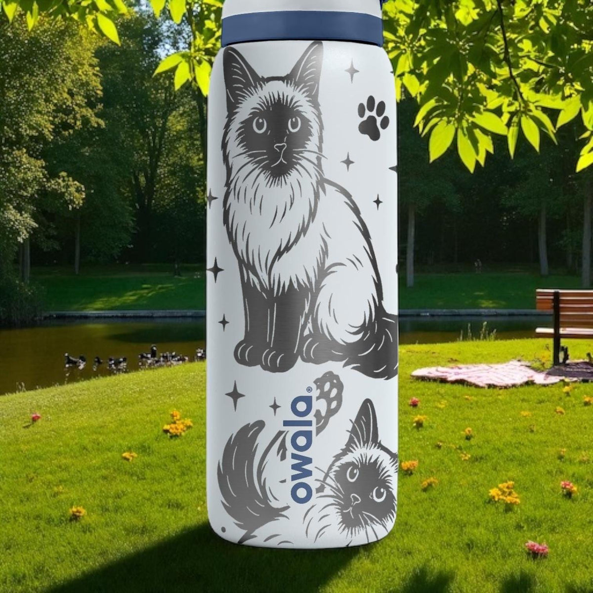 Sacred Birman Cat Engraved Owala Bottle – 16oz 24oz 32oz 40oz White Tumbler for Cat Lovers – Cute Pet Gift for Her