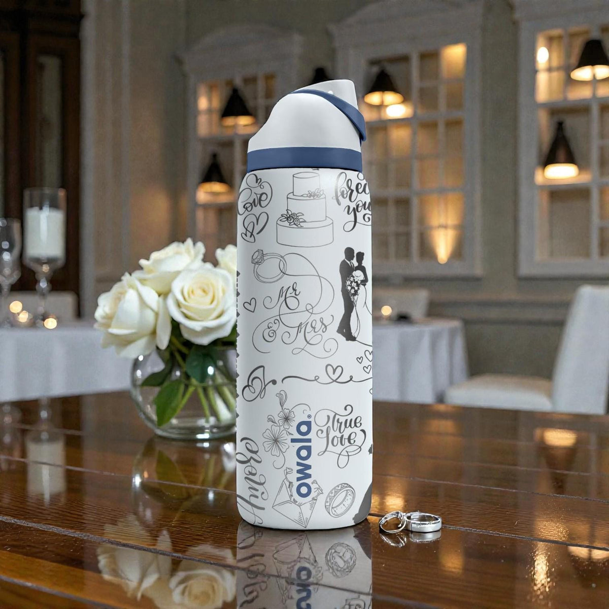 Wedding Engraved Owala Bottle – Bride and Groom Gift – Romantic Wedding Icons and Love Doodles – Stainless Steel Cup 16oz 24oz 32oz 40oz  ⸻