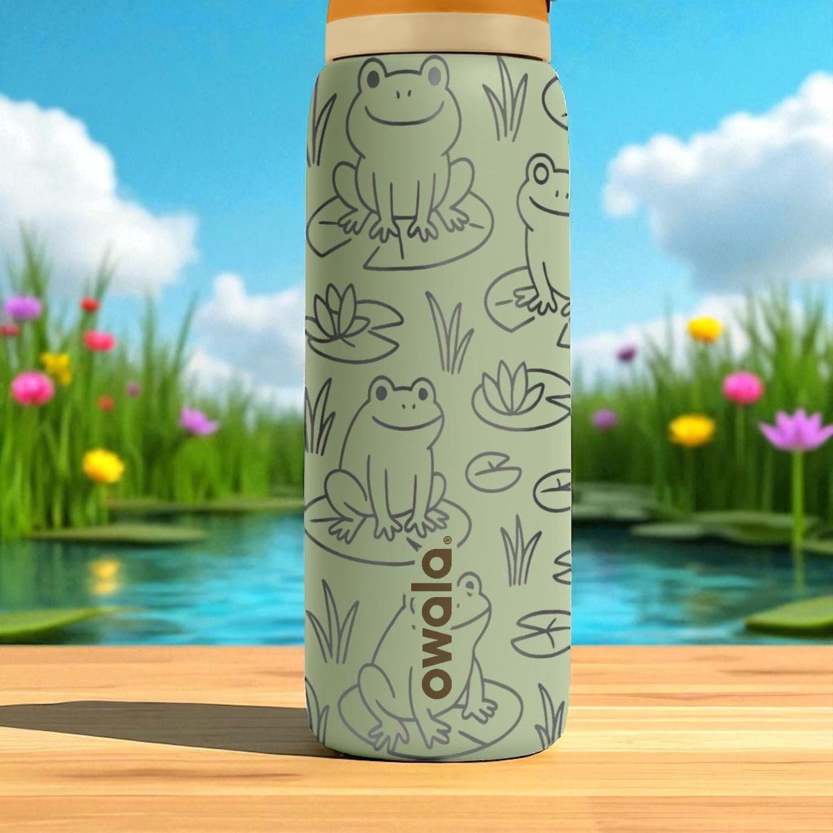 Engraved Frog Owala Tumbler – Cute Frogs on Lily Pads Water Bottle – Nature Lover Gift – 16oz 24oz 32oz 40oz