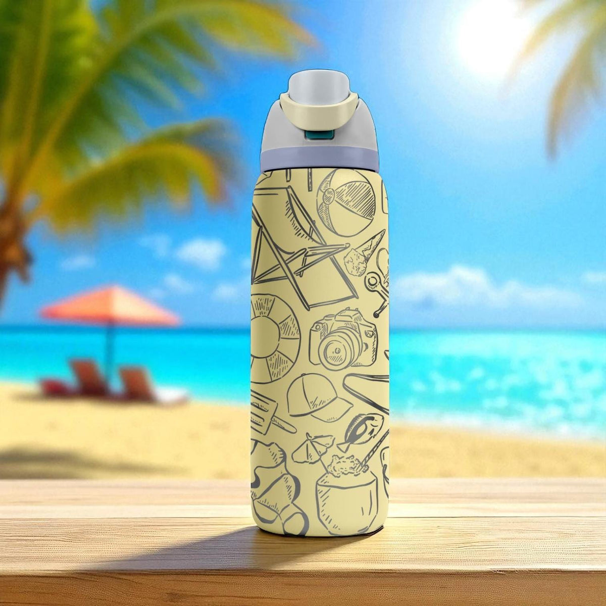 Beach Day Owala Bottle – 16oz 24oz 32oz 40oz Engraved Summer Icons Water Bottle – Sandals Shells Coconut Gift – Tropical Vacation Cup