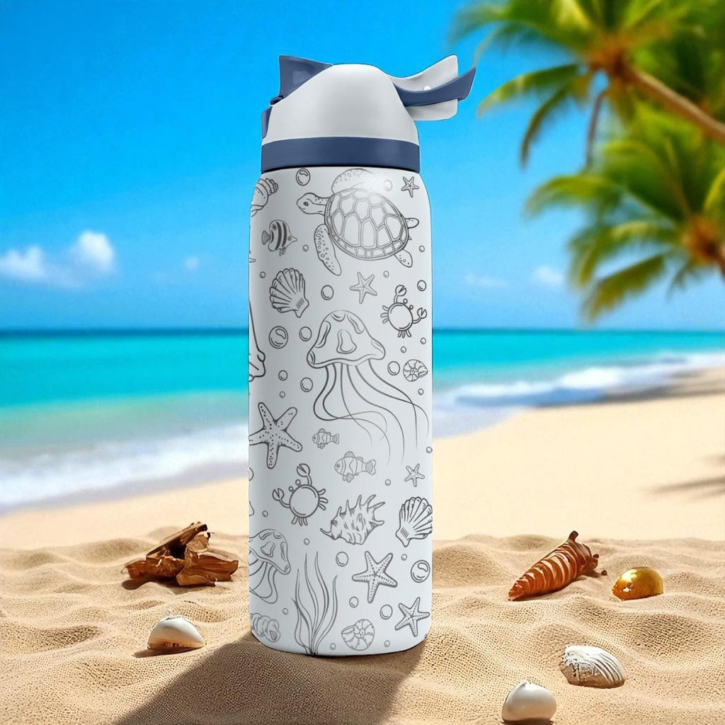 Ocean Creatures Engraved Owala Tumbler – Jellyfish, Turtle and Shells – Beach Gift Idea – 40oz 32oz 24oz Bottle