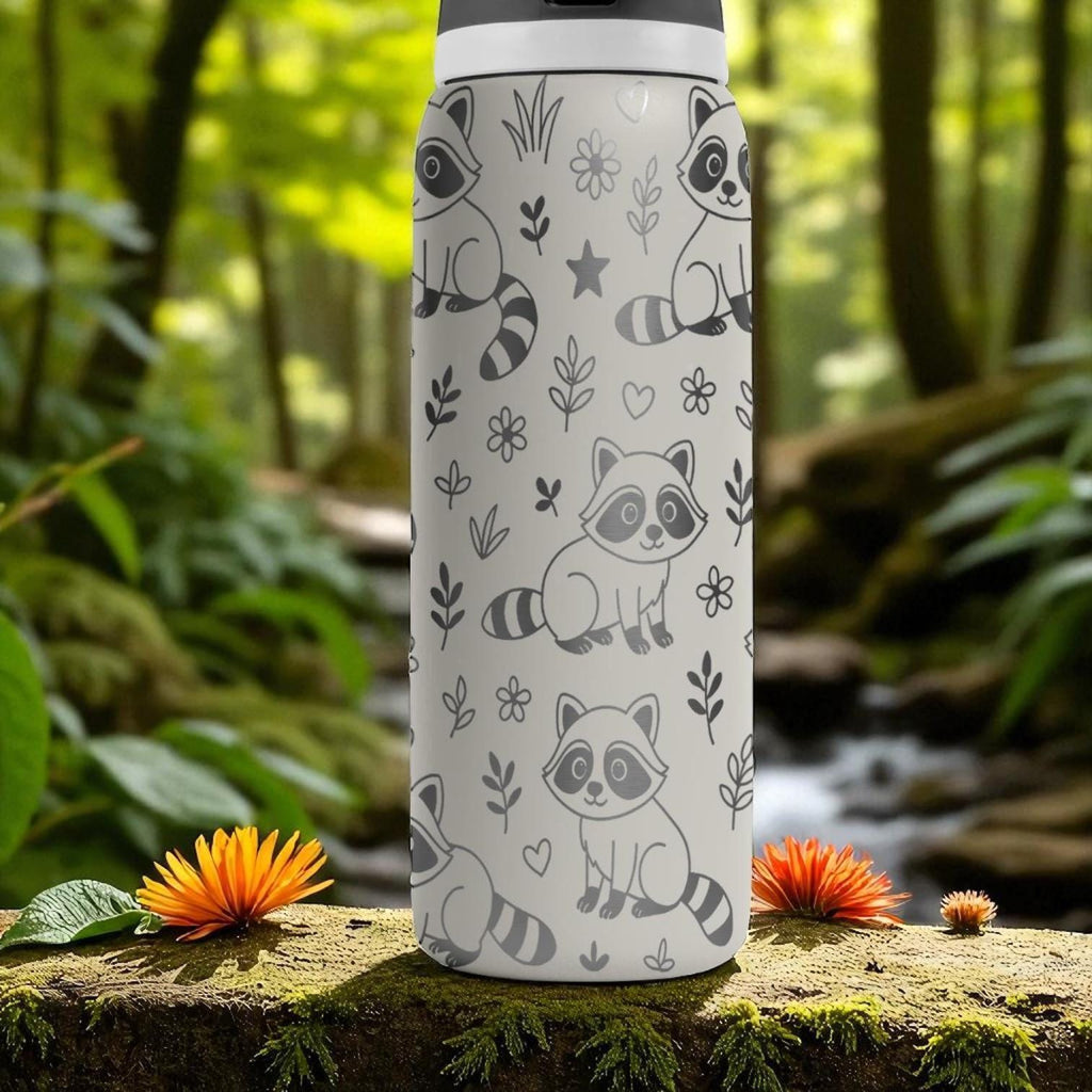 Engraved Raccoon Water Bottle – Owala Tumbler with Cute Forest Raccoons and Flowers – 16oz 24oz 32oz 40oz Animal Lover Gift