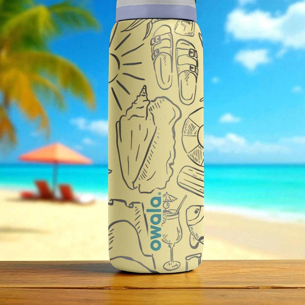 Beach Day Owala Bottle – 16oz 24oz 32oz 40oz Engraved Summer Icons Water Bottle – Sandals Shells Coconut Gift – Tropical Vacation Cup