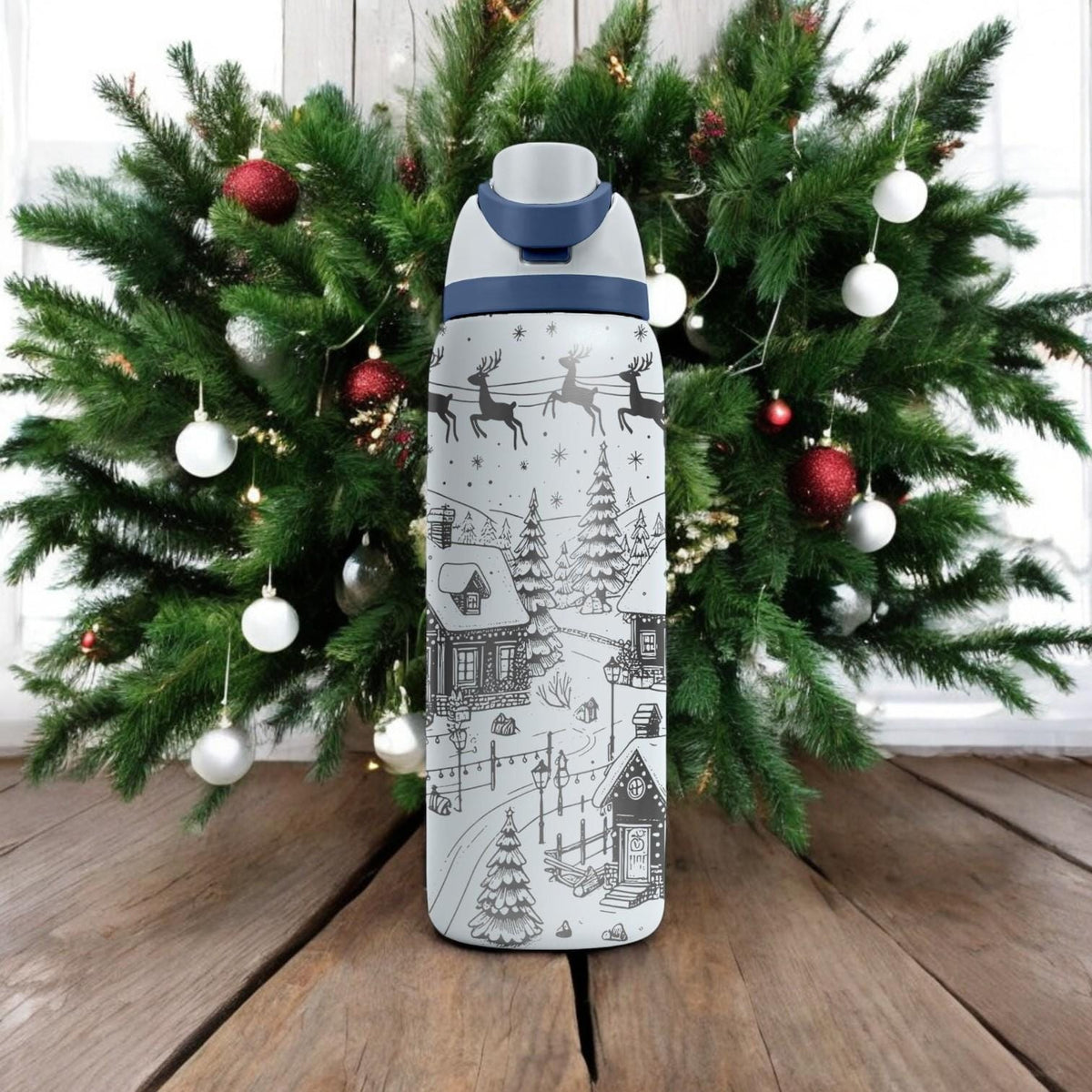 Christmas Village Engraved Owala Bottle – Santa Sleigh and Cabin Winter Design – Holiday Gift Stainless Cup 16oz 24oz 32oz 40oz