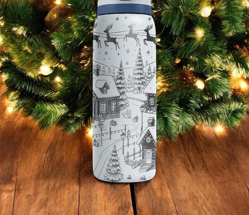 Christmas Village Engraved Owala Bottle – Santa Sleigh and Cabin Winter Design – Holiday Gift Stainless Cup 16oz 24oz 32oz 40oz