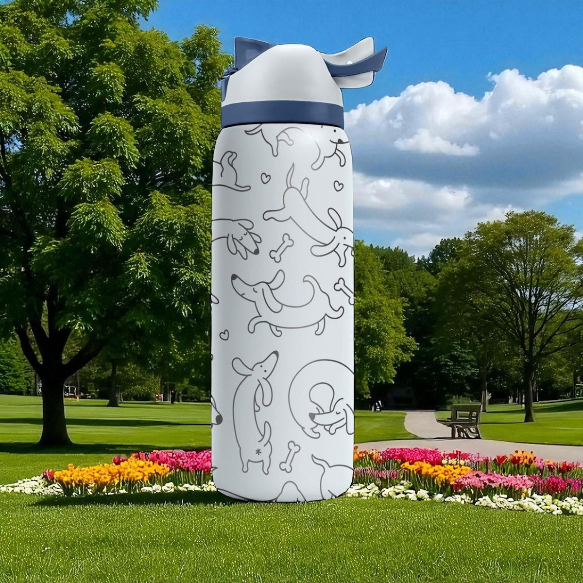 Cute Dachshund Owala Bottle – 16oz 24oz 32oz 40oz Engraved Sausage Dog Tumbler – White Pup Gift for Dog Lovers