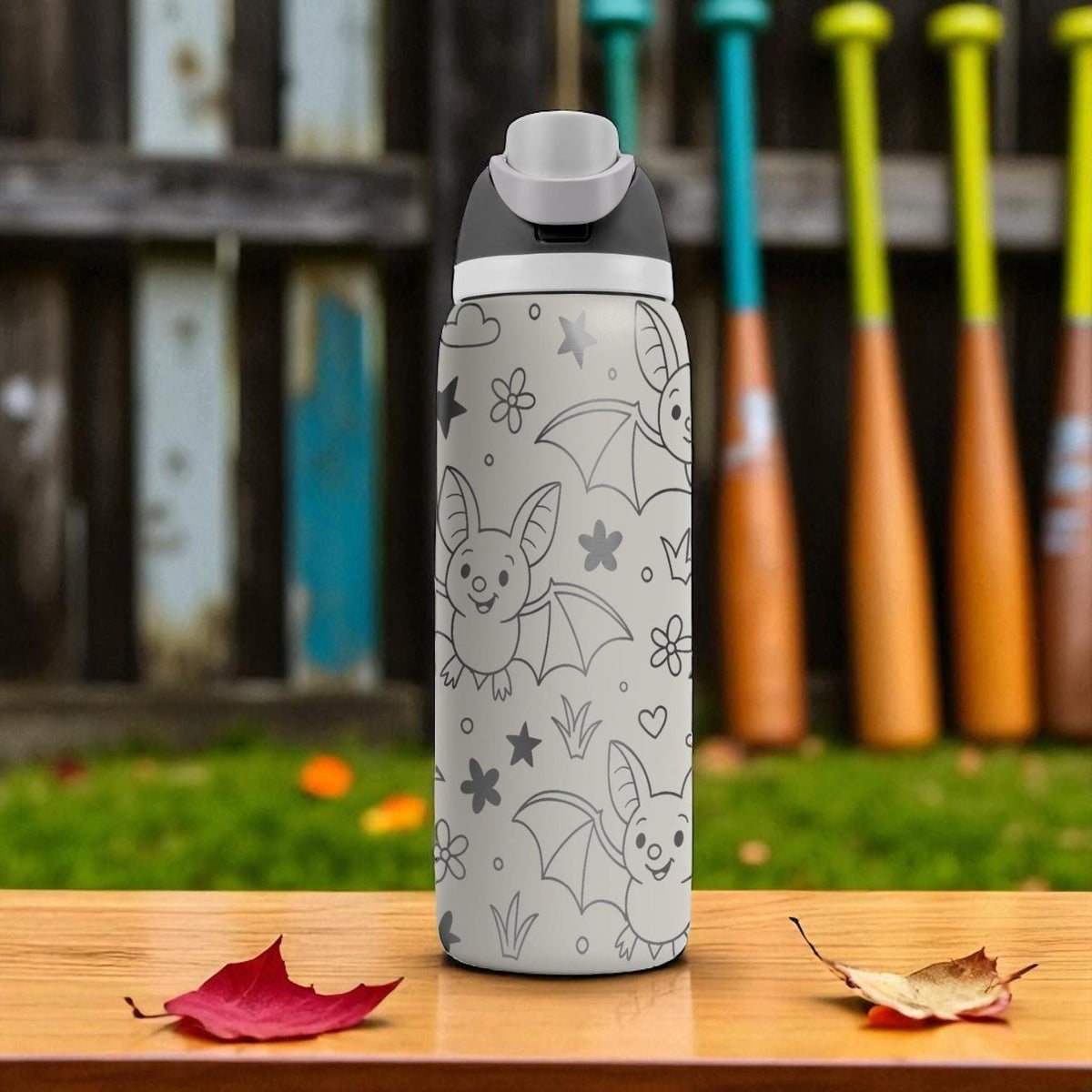 Engraved Bat Water Bottle – Cute Halloween Owala Tumbler with Stars and Flowers – 16oz 24oz 32oz 40oz Spooky Season Gift