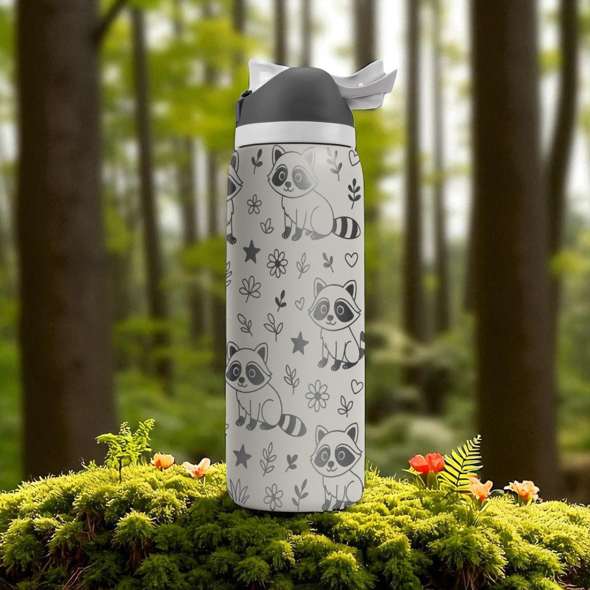 Engraved Raccoon Water Bottle – Owala Tumbler with Cute Forest Raccoons and Flowers – 16oz 24oz 32oz 40oz Animal Lover Gift