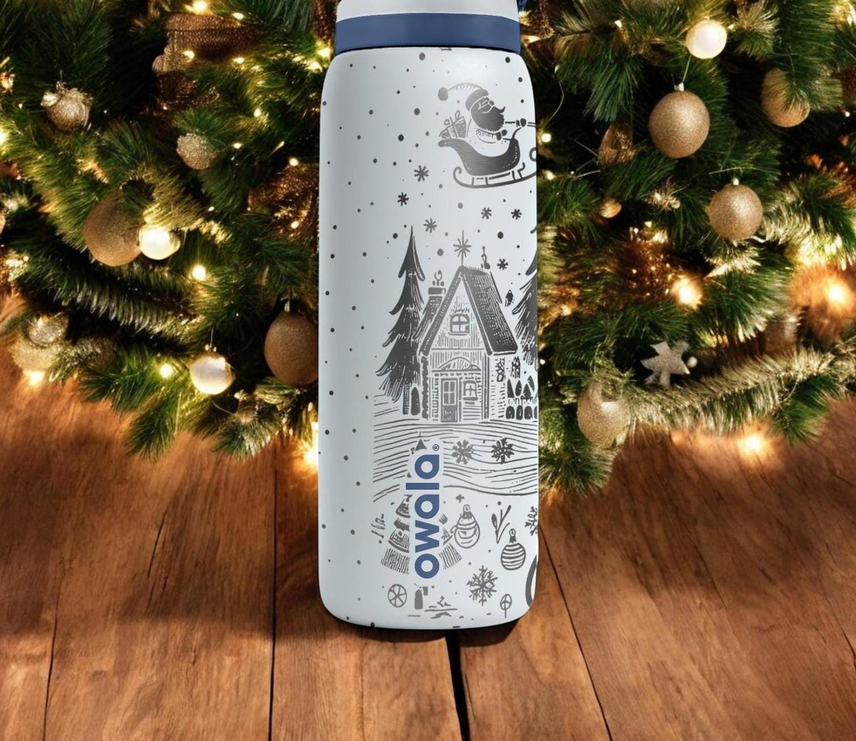 Merry Christmas Engraved Owala Bottle – Santa Sleigh Winter Village Design – Holiday Stainless Steel Cup 16oz 24oz 32oz 40oz